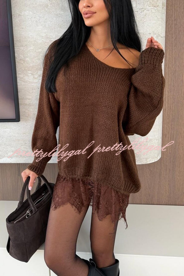 Comfy and Sweet Knit Lace Patchwork Hem Wide Neck Long Sleeve Loose Sweater