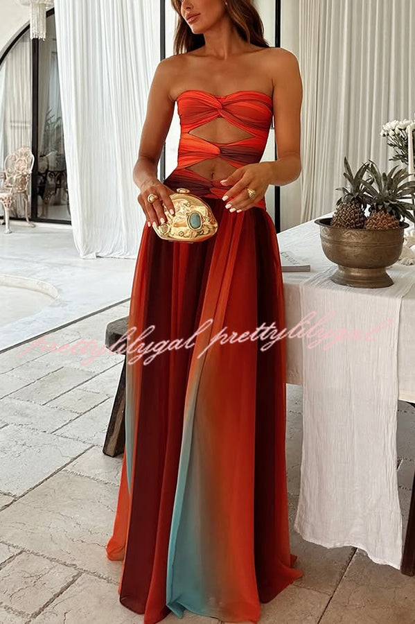 Sardinia Sunset Mesh Printed Twist Cutout Off Shoulder Vacation Maxi – prettylilygal