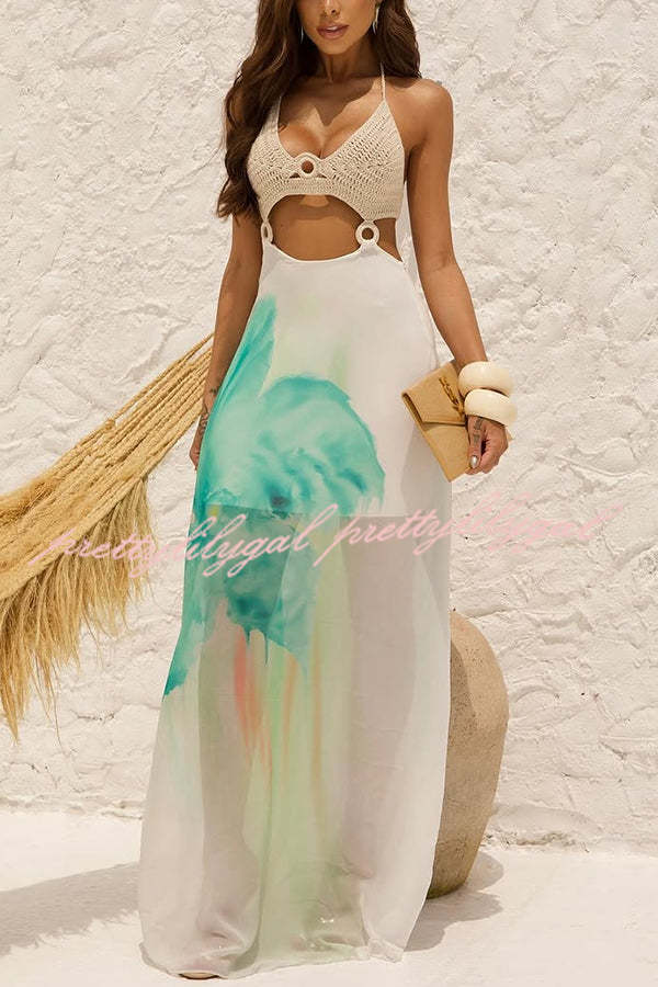 Lily Crochet Knit Bust Ring Floral Print Tulle Hem Maxi Dress