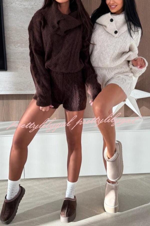 Diviano Cabble Knit Button Scarf Long Sleeve Sweater and Stretch Mini Shorts Set（3 Pieces）