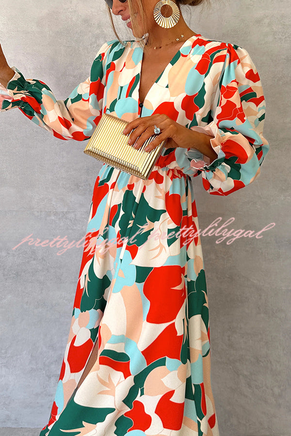 Colorful Printed V-neck Waist High Slit Ruffled Maxi Dress