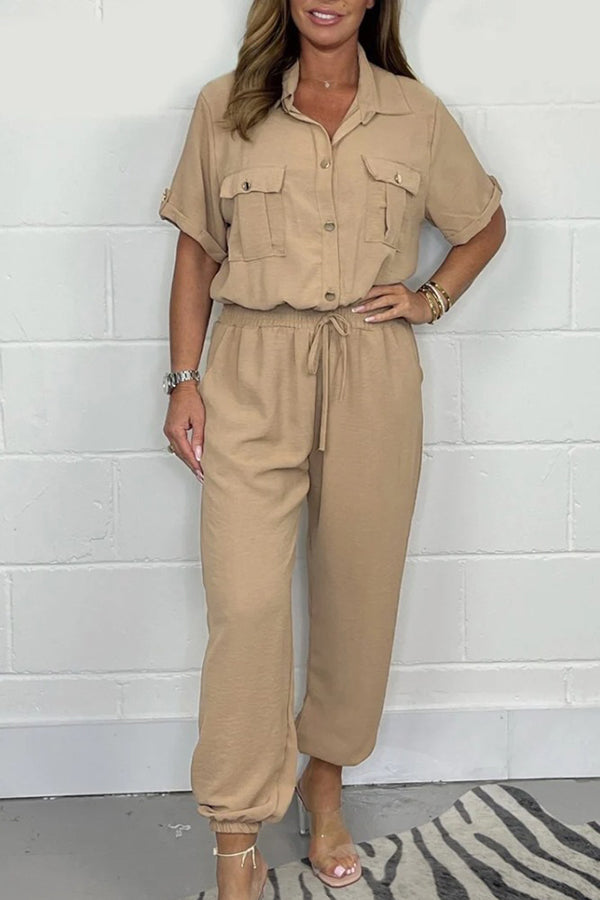 Solid Color Lapel Short Sleeve Casual Pocket Loose Jumpsuit