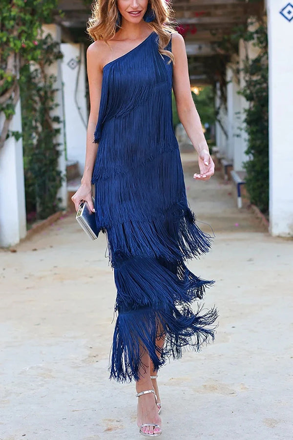 Stylish Fringed One Shoulder Asymmetric Midi Dress