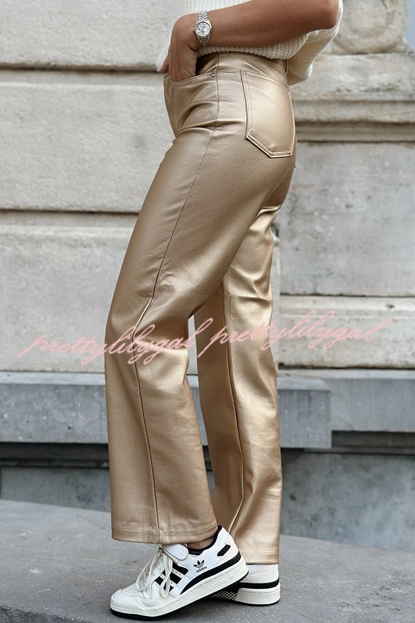 Stylish Metallic Fabric Pocket Casual Straight Wide-Leg Pants
