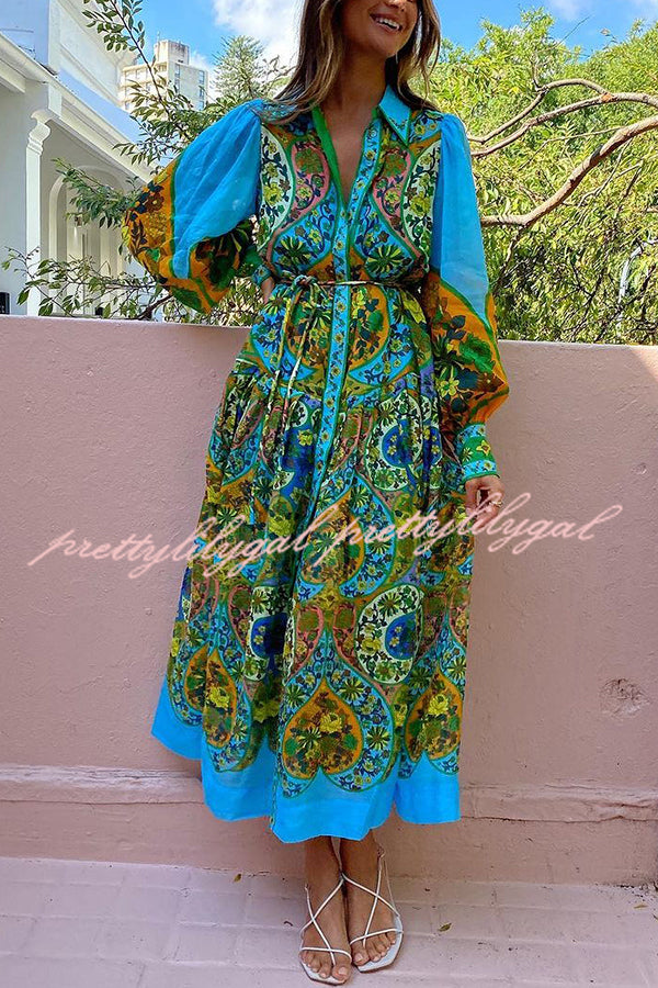 Feeling Butterflies Multi Unique Print Balloon Sleeve Belt Shirt Midi Dress