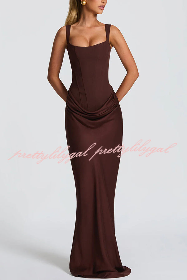 Larrah Square Neck Back Lace-up Satin Drape Hem Maxi Dress