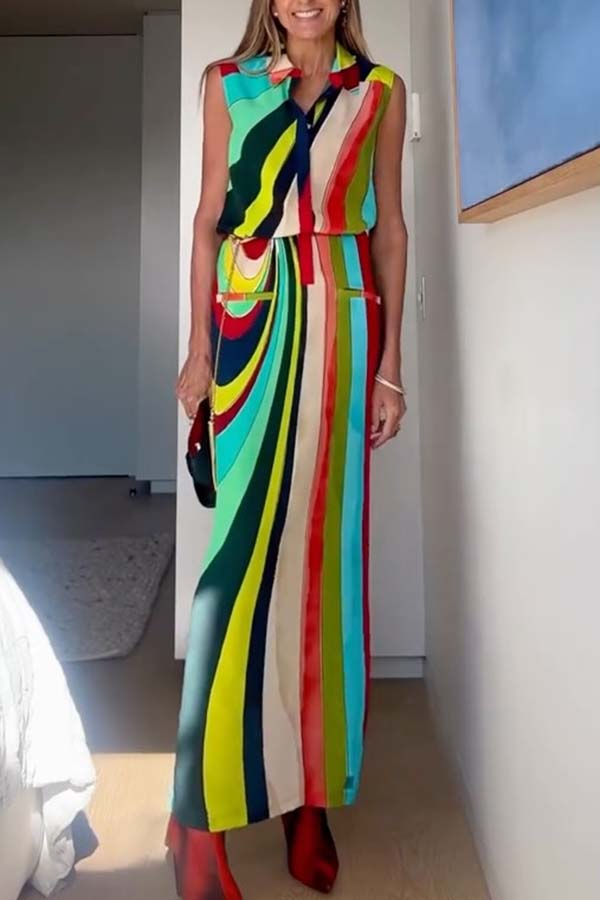 Bold and Elegant Colorful Print Button Up Pocket Shirt Slit H-line Maxi Dress