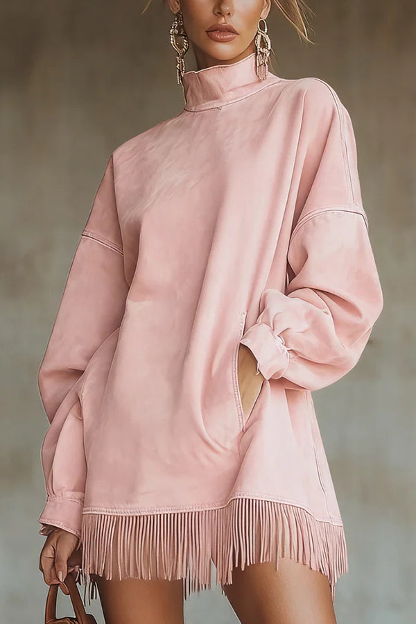 Stylish Suede High-neck Long-sleeved Loose-fitting Pockets Tassel Mini Dress