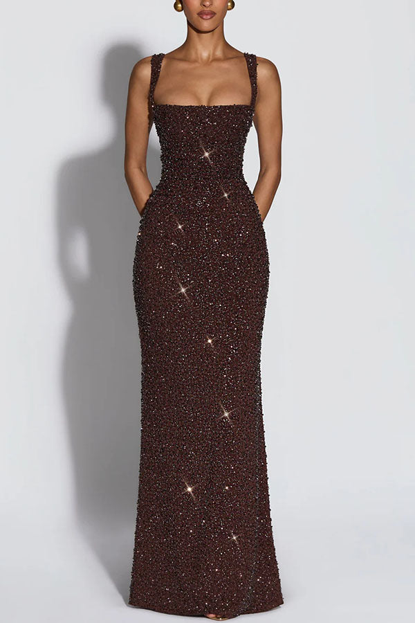 Calanthe Sequin Embellished Chiffon Ruched Square Neck Back Lace-up Maxi Dress Calanthe Sequin Embellished Chiffon Ruched Square Neck Back Lace-up Maxi Dress