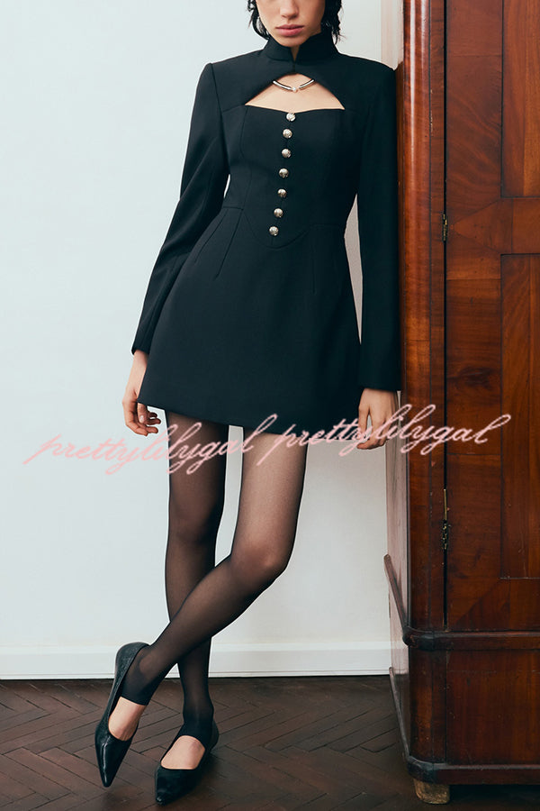 Elegant Long-sleeved Hollowed-out Button-down Slim-fit Mini Dress