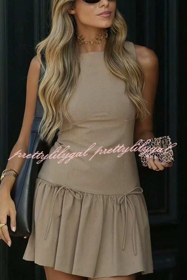 Solid Bow Round Neck Sleeveless Mini Dress