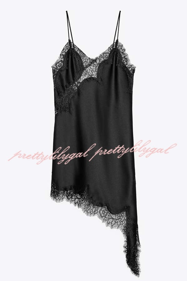 Elouise Satin Lace Trim V-neck Asymmetrical Hem Slip Mini Dress