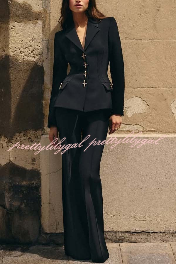 Women Power Metal Cross Snap Button Long Sleeve Lapel Blazer