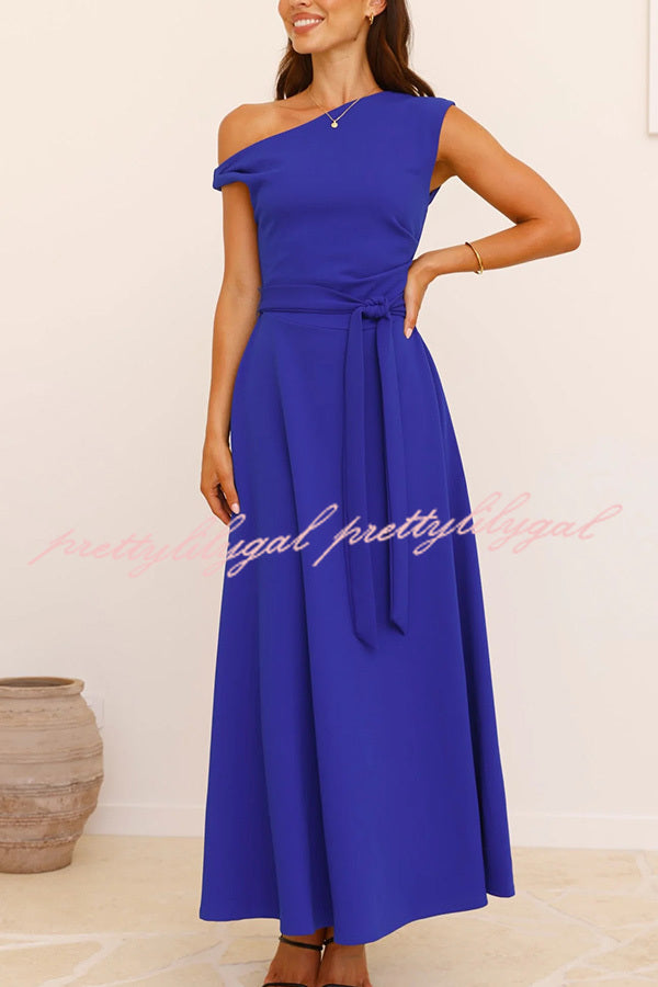 Solid Color Sloped Collar Slim Fit Waist Lace Up Full Hem Maxi Dress