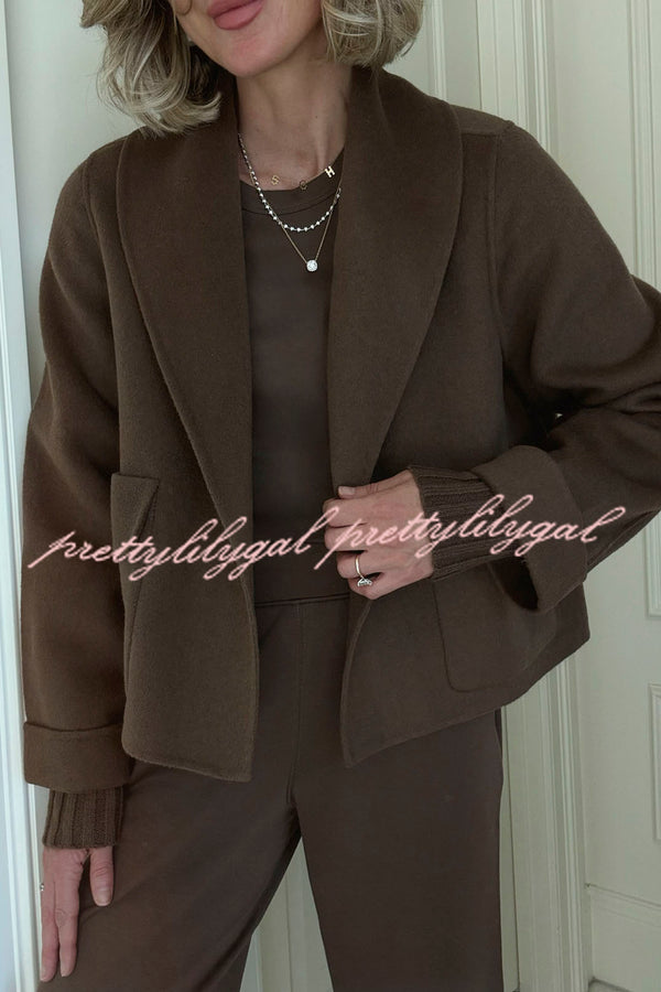 Comfortable Season Shawl Collar Open-front Long Sleeve Flap Pockets Crop Coat