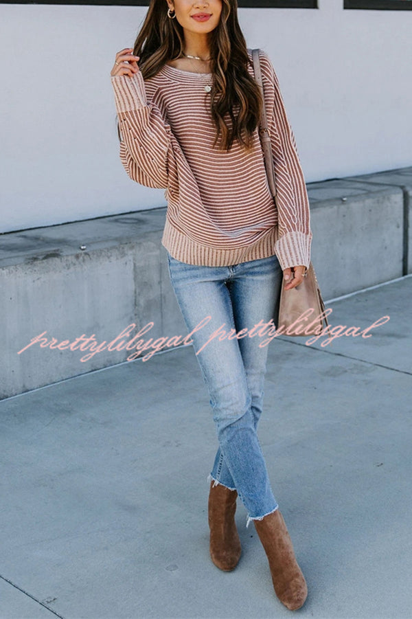 Knitted Striped Round Neck Dolman Sleeve Casual Loose Sweater