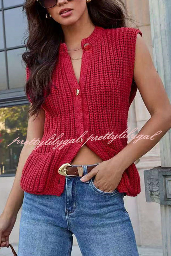 Solid Color Sleeveless Button Pocket Knit Vest