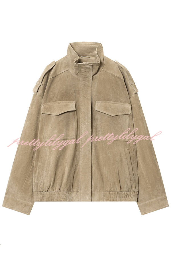 Fashionable Suede Loose Pocket Leather Jacket