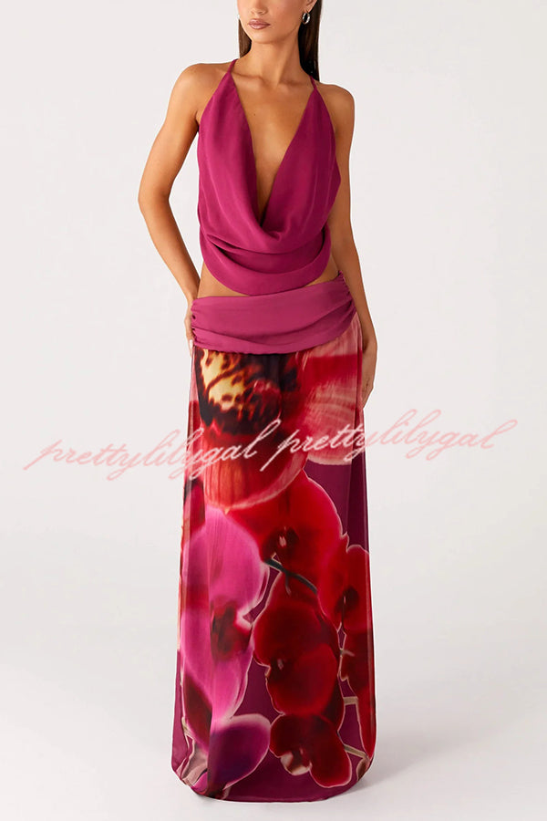 Sexy Deep V Backless Draped Camisole Top and Floral Print Chiffon Maxi Skirt Set