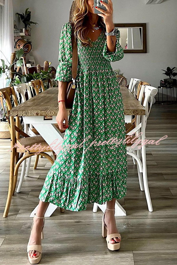 Kennan Ethnic Print Smocked Bust Long Sleeve Relaxed Midi Dress