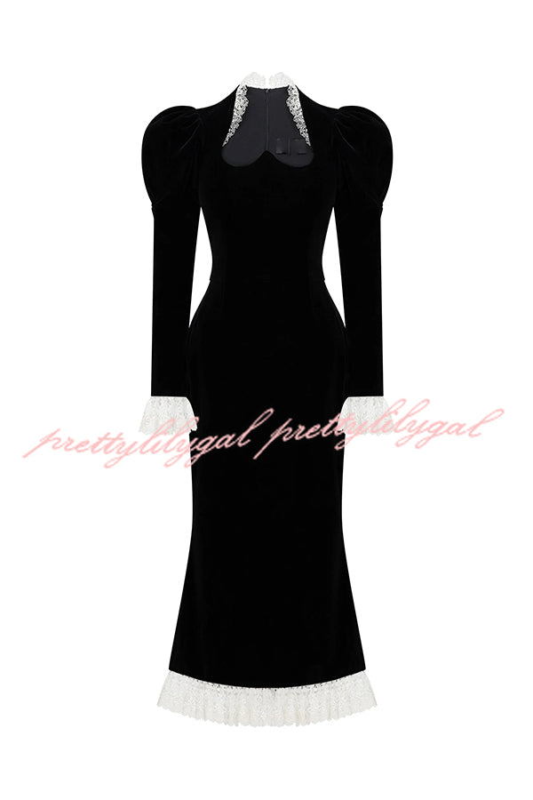 Baroque Style Velvet Lace Trim Sweetheart Neck Long Sleeve Flare Midi Dress