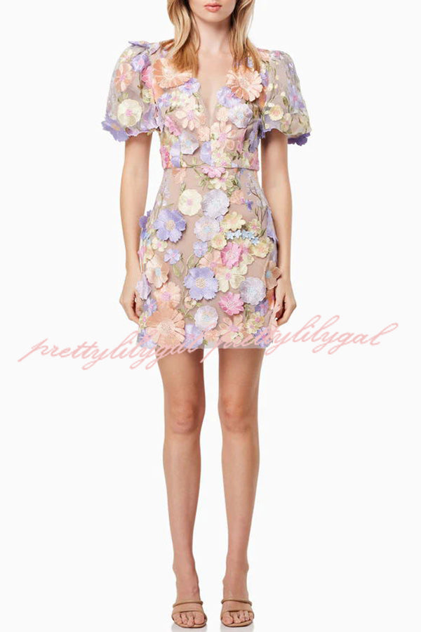 Garden Gala Embroidered Floral Applique Puff Sleeve Mini Dress