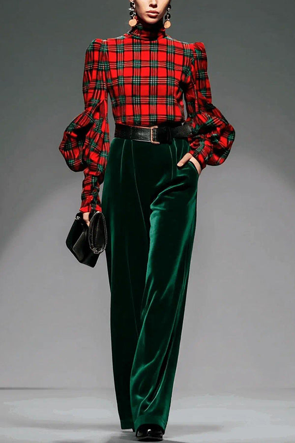Retro Plaid Turtleneck Long Balloon Sleeve Top and Velvet Pocket Wide Leg Pants Set