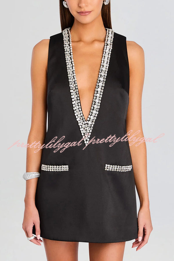 Elegant Demeanor Satin Gemstone Trim Deep V-Neck Tank H-line Mini Dress