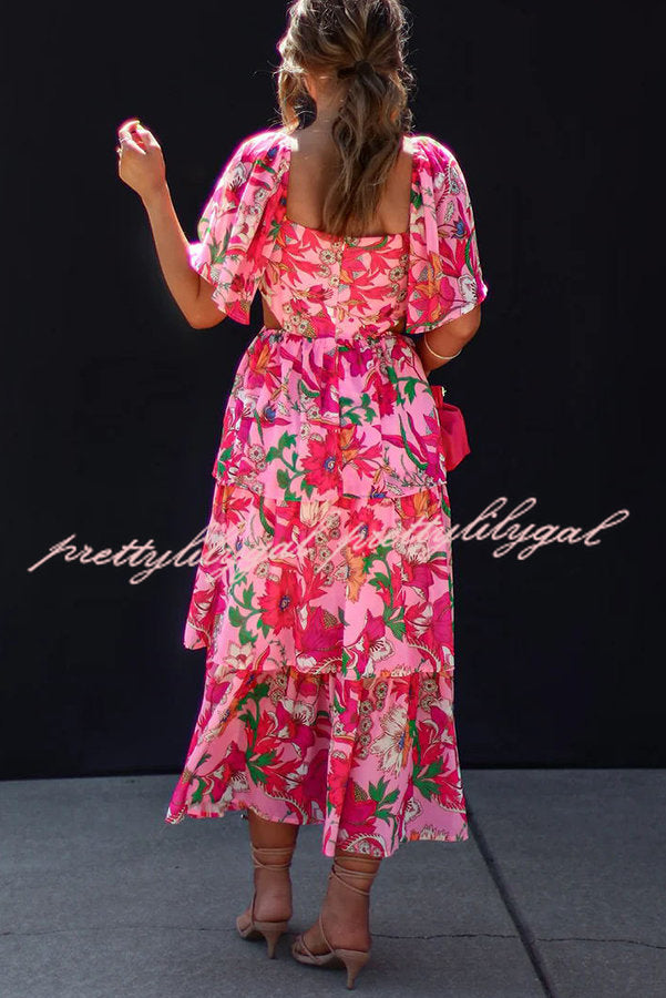 It's All Special Floral Cutout Waist Tiered Midi Dress