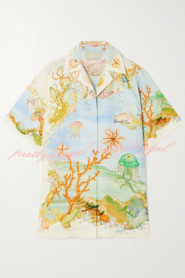Unique Printed Lapel Short Sleeve Loose Shirt and Elastic Waist Casual Pocket Vacation Pants Set