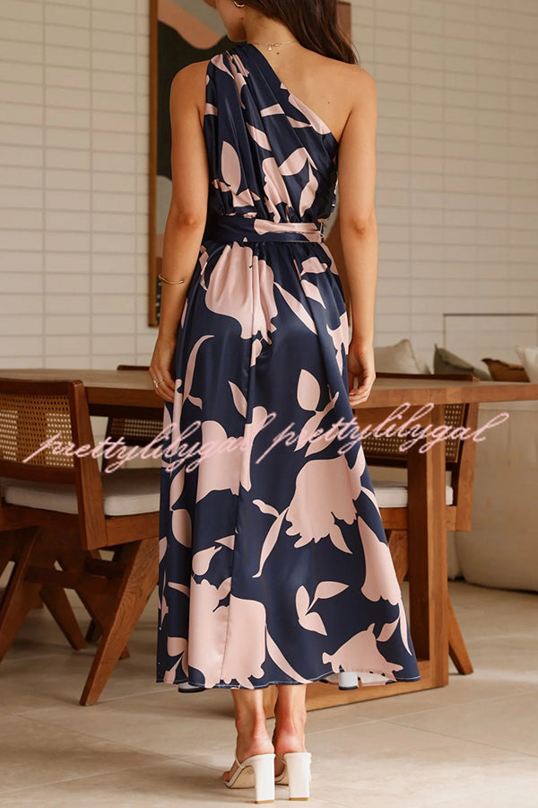 Unique Print Sleeveless One Shoulder Belted Maxi Dress