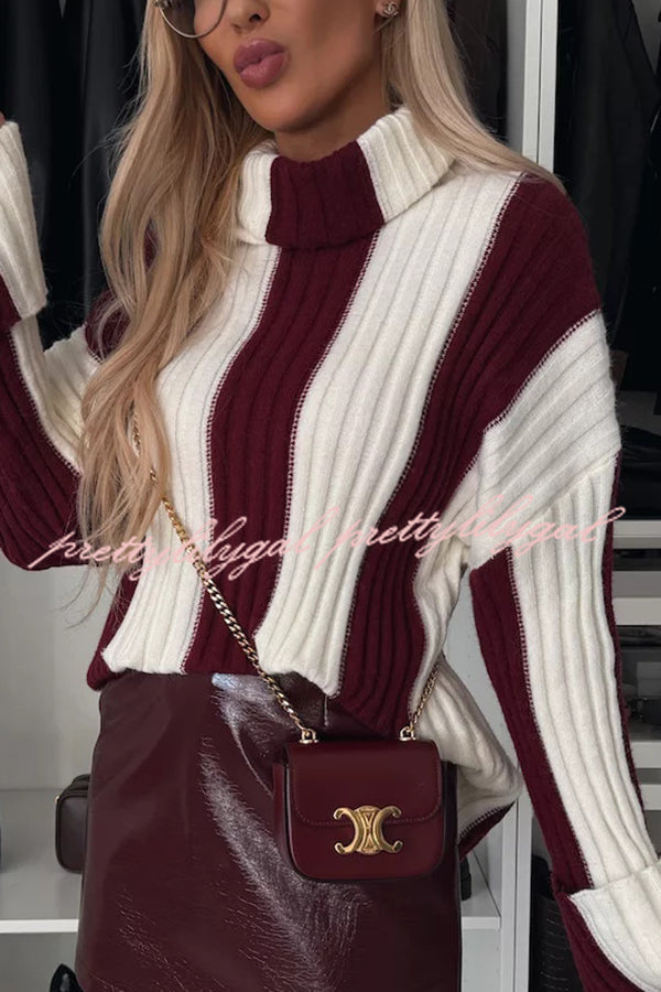 Comfort and Warmth Knit Color Block Long Sleeve Turtleneck Sweater