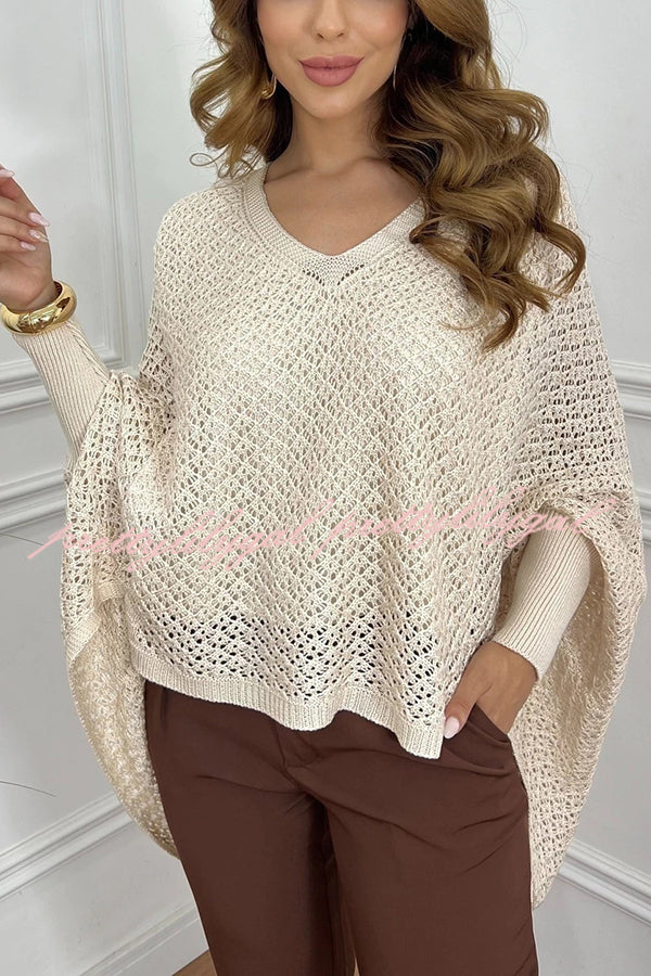 Fashion Hollow Long Sleeve Loose V-neck Knitted Sweater
