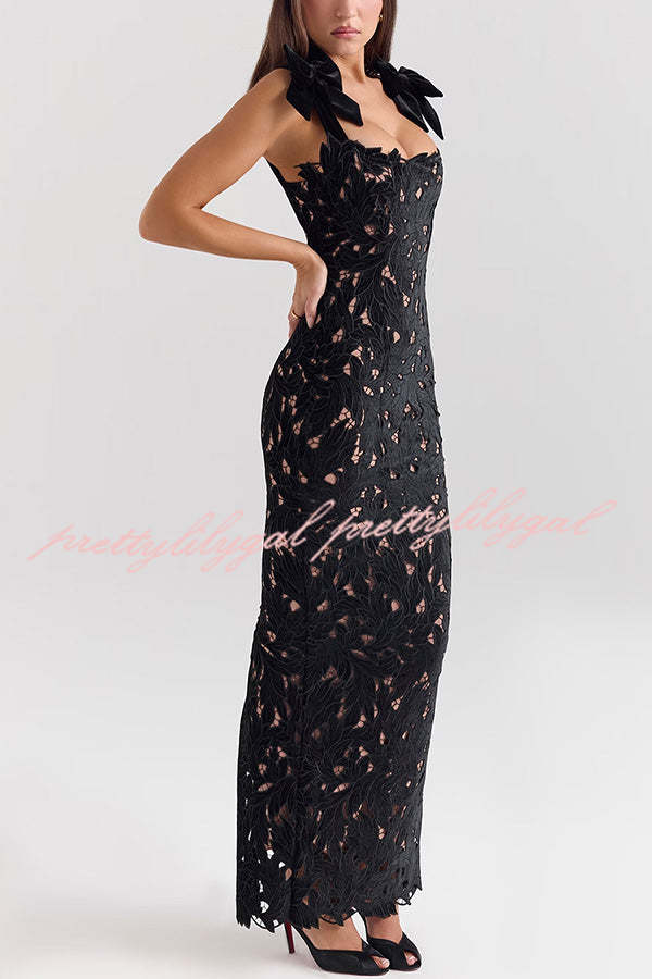 Holiday Intimacy Embroidered Floral Lace Bow Shoulder Straps Slit Maxi Dress