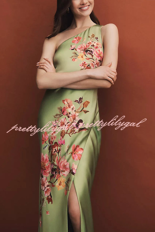 Wedding  Guest Satin Floral Print One Shoulder Side Slit Maxi Dress