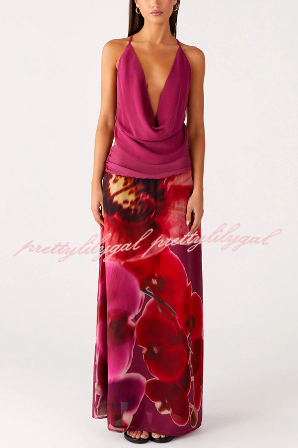 Sexy Deep V Backless Draped Camisole Top and Floral Print Chiffon Maxi Skirt Set