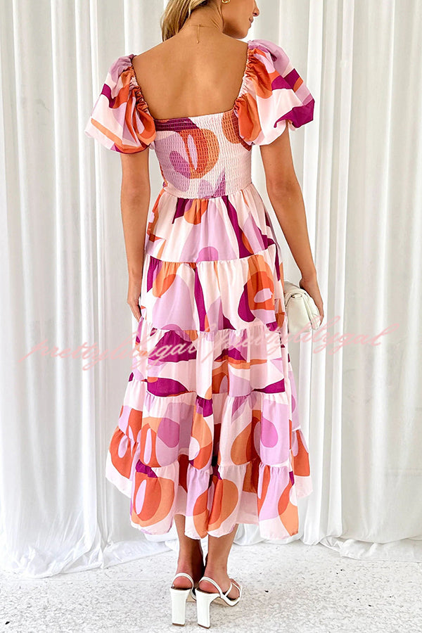 Petal Princess Unique Print Smocked Waist Puff Sleeve Midi Dress