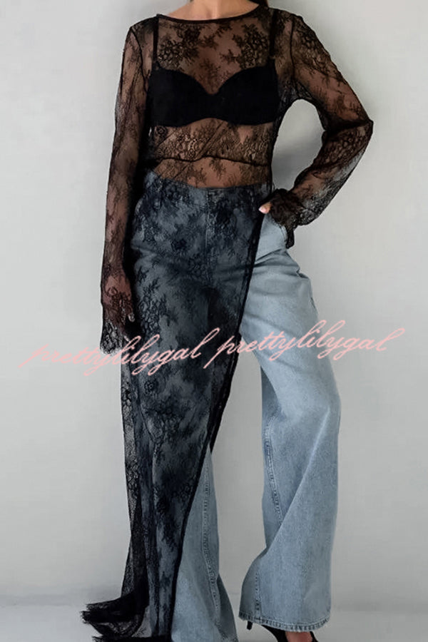 Sexy Openwork Lace Long-sleeved Asymmetrical Casual Top