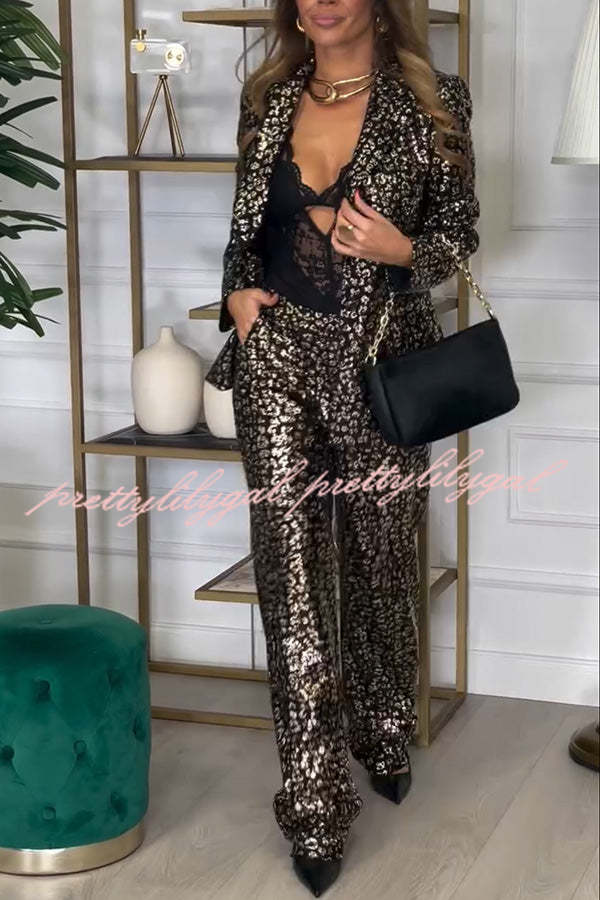 Mona Leopard Metallic Fabric Lapel Boyfriend Blazer and Elastic Waist Pocketed Loose Pants Set