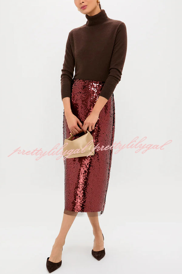 Upper East Chic Sequin Mesh Trim High Rise Slit Pencil Midi Skirt