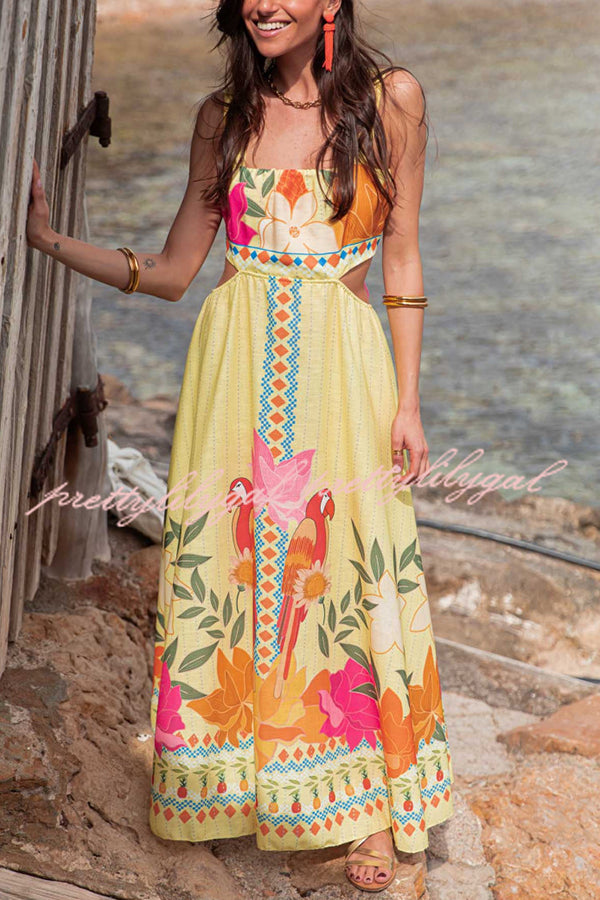 Resort Style Unique Print Sexy Square Neck Backless Waist Maxi Dress