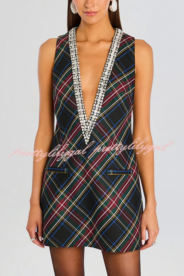 Elegant Demeanor Satin Gemstone Trim Deep V-Neck Tank H-line Mini Dress