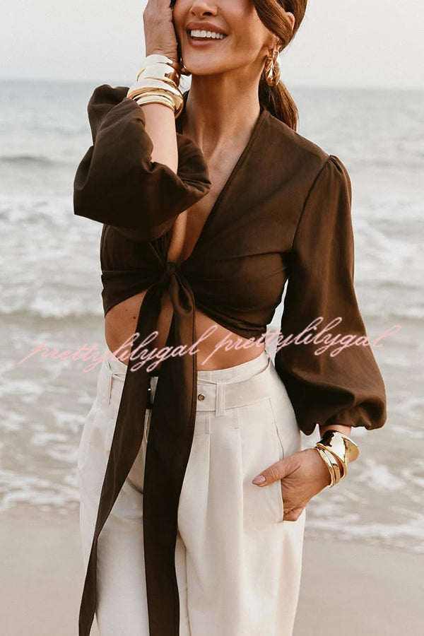 Lets Go Out Linen Blend Balloon Sleeve Wrap Tie-up Loose Top