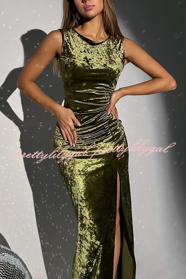 Solid Color Velvet Round Neck Sleeveless Slim Slit Maxi Dress