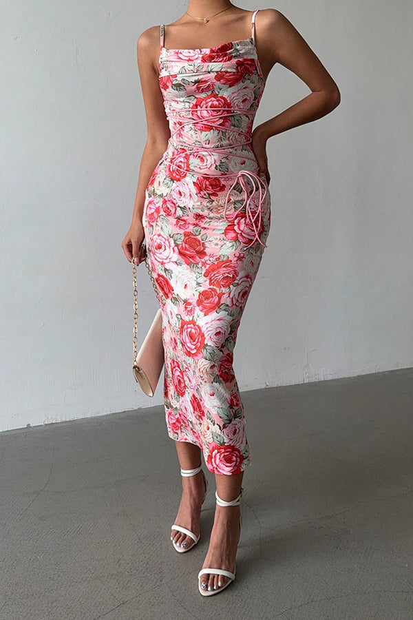 Floral Print Sexy Halter Back Slim Fit Lace Up Midi Dress