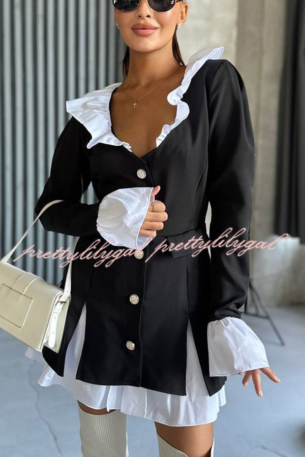 Altair Contrast Ruffled Shirt Patchwork Button Pleated Blazer Mini Dress