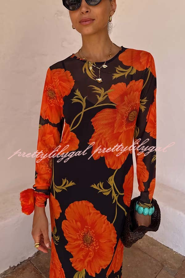 Perfect Cross-season Mesh Poppy Flower Print Long Sleeve Stretch Maxi Dress