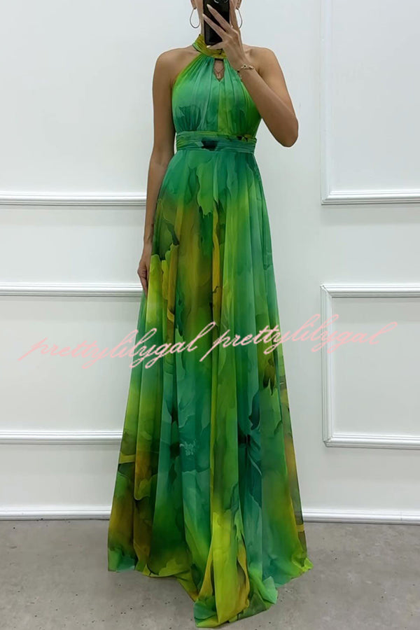 Elaine Tulle Floral Splash Print Cutout Halter Tie-up Neck Gown Maxi Dress