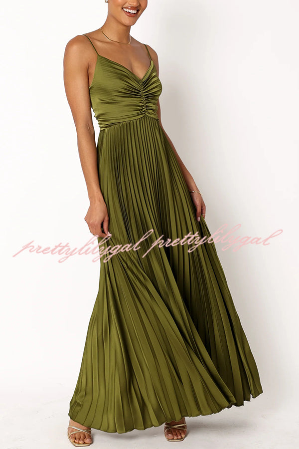 Catch The Light Satin Pleated V-neck Slip Maxi Dress