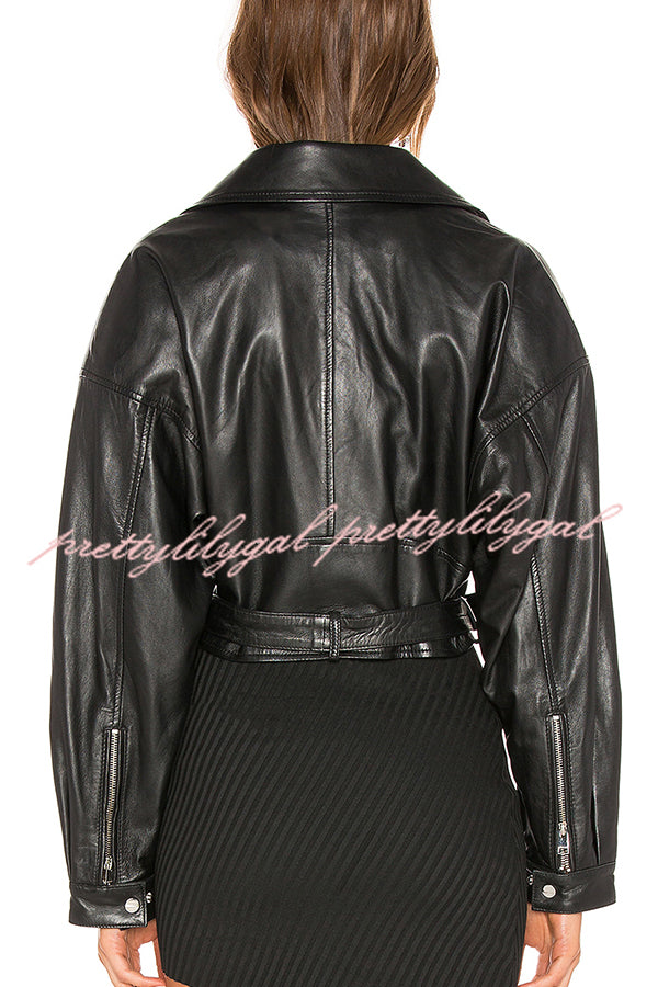 Fashion Lapel Long Sleeve Casual Zipper Pocket Leather Jacket